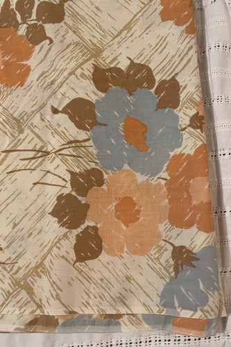 Queen Bed Flat Sheet Floral Print Fabric No Iron Muslin Vtg 70s Tan Blue Orange - Picture 3 of 11