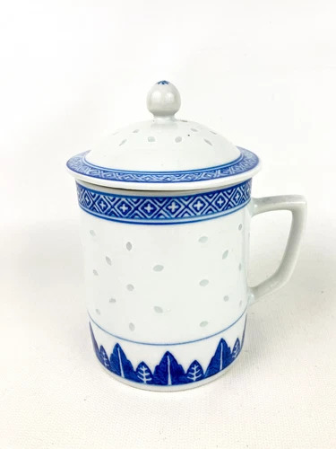 Jingdezhen Chinese Blue & White W/Lid Tea Cup Mug Translucent Rice Grain 5.5"