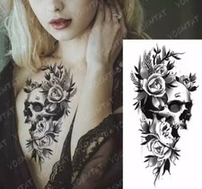 Skull and Roses Temporary Tattoo Body Arm Chest or Legs 172 Waterproof