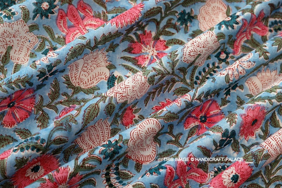 Indian Hand Block Print Flower Beautiful Blue 100% Cotton Women Dress Fabric Art - Image 3 of 4