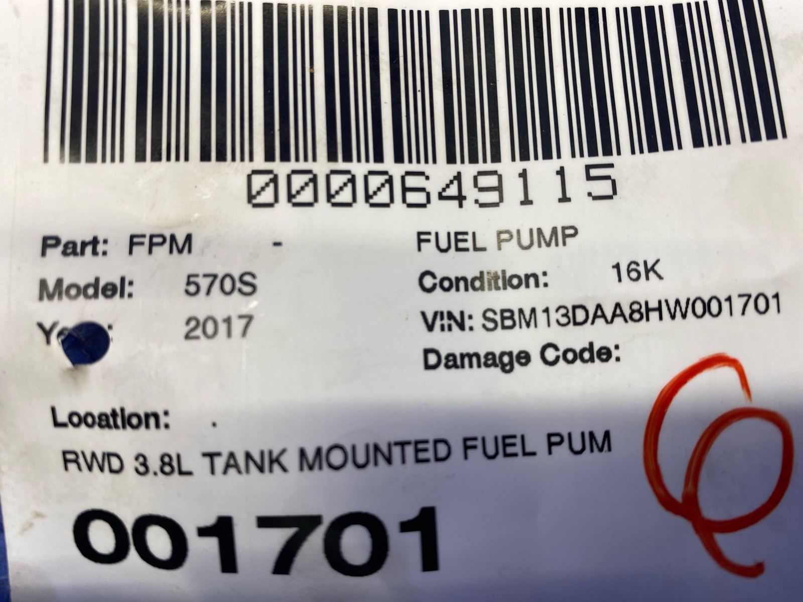 2016-2021 MCLAREN 570S RWD 3.8L TANK MOUNTED FUEL PUMP ASSEMBLY SET OEM