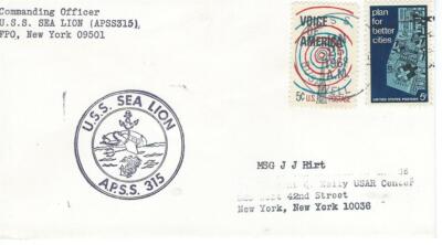 USS Sea Lion (APSS-315) 25 Jan 1968 Ship Crest Cachet PM Bushell (AS-15)