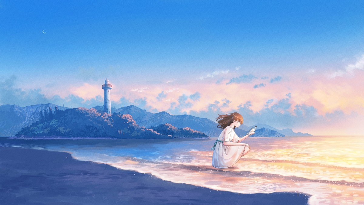 Anime girls beach lighthouse bottles white dress profile Playmat Gaming Mat Desk