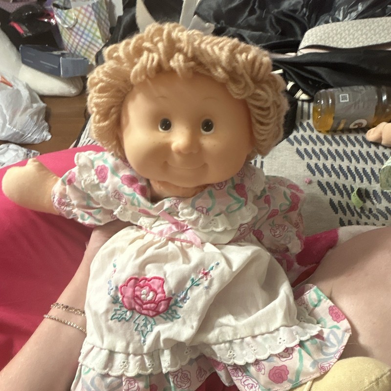 1983 Cloth Play Doll Blonde Curly Yarn Hair Floral Dress Soft Fabric Doll