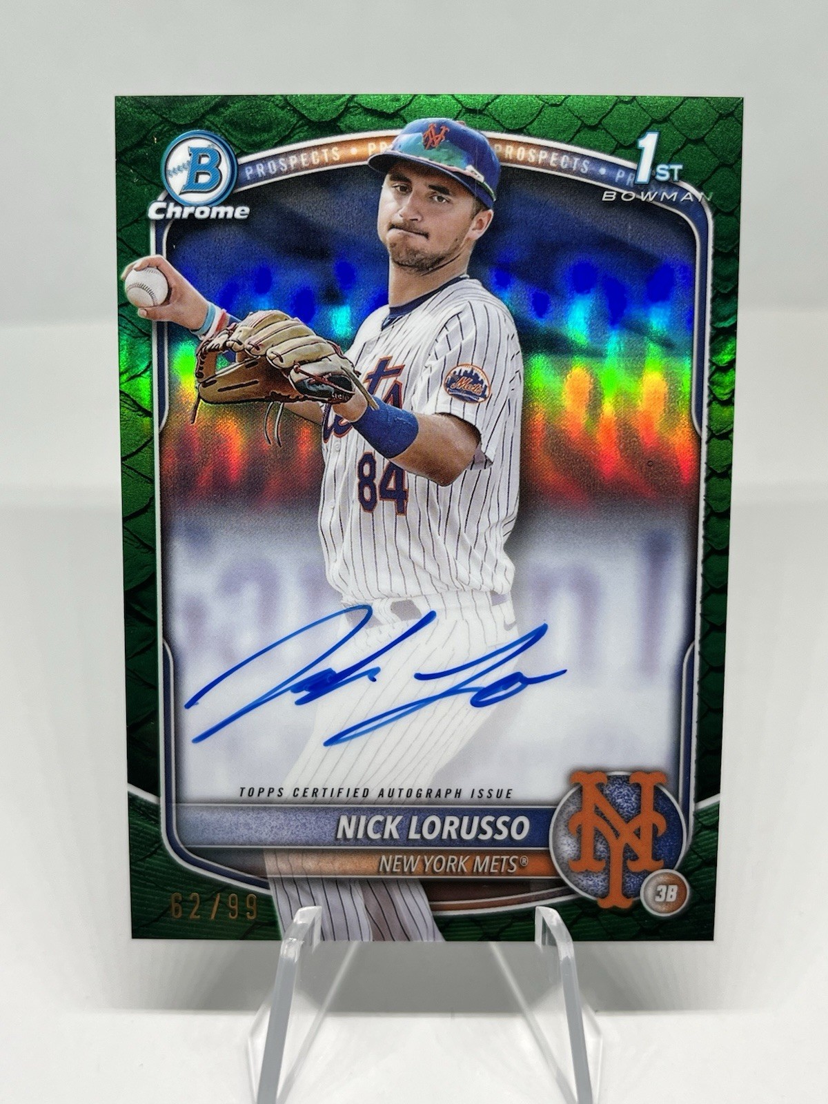 2025 Bowman Chrome Prospects Green Reptilian /99 Nick Lorusso 1st Auto Mets Card