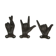 Zeckos Set of 3 Brown Cast Iron Hand Gesture Wall Hooks