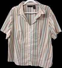Attention 24W beige blue striped button down collared short sleeve top
