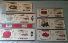 (7) 1920s Forest City Can Paper Labels Strawberries, B. berries Hominy Tomatoe +