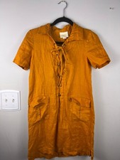 Maeve Anthropologie Linen Lace Up Dress Mustard Utility Pockets Size 0 Minimalis