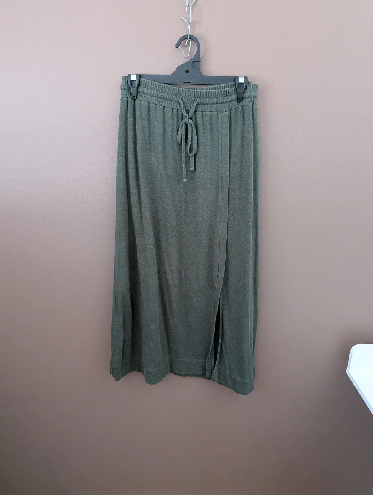Country Road Skirt Womens XS Green Linen Knit Maxi Elastic Waist Slit Hem