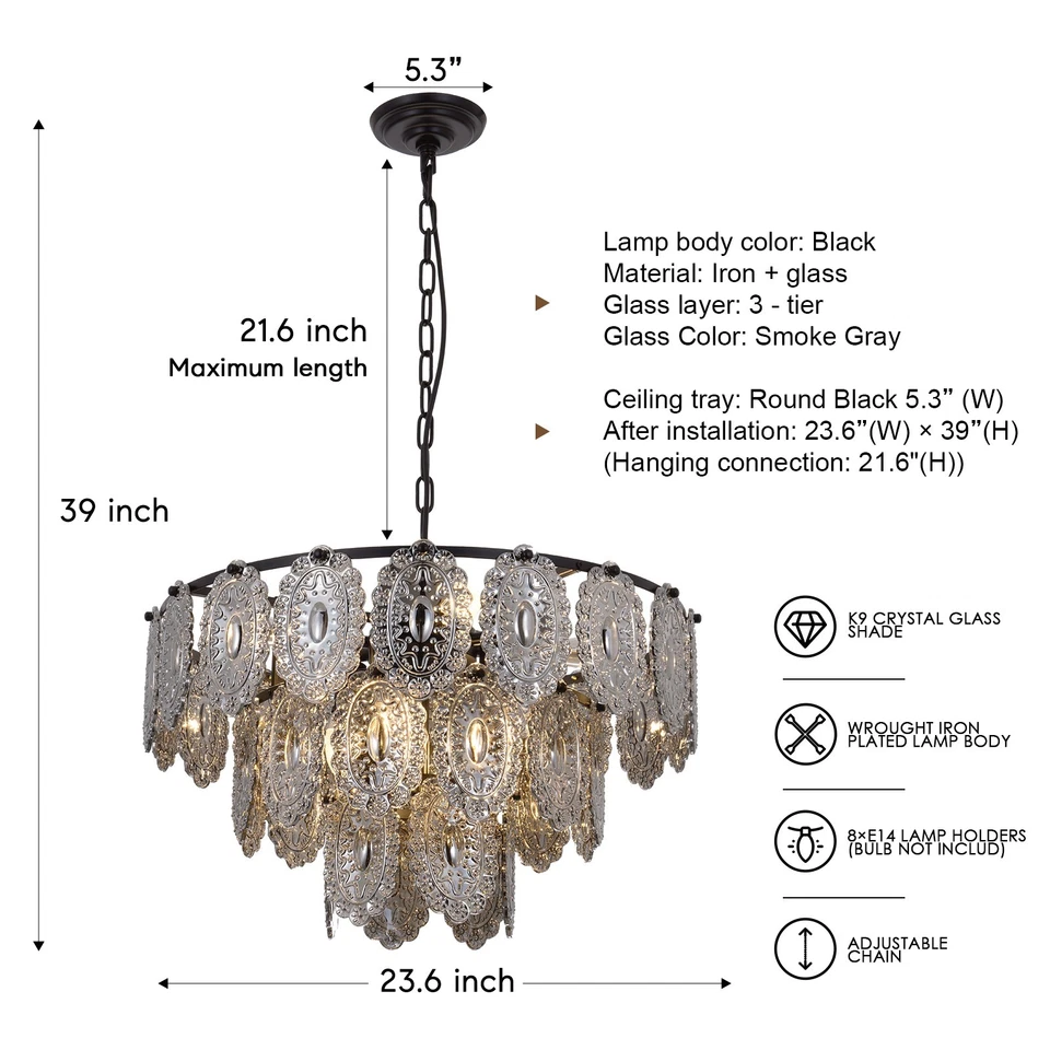 24" Modern Black Chandeliers 8-Lights Smoke Gray Glass Ceiling Pendant Lamp - Image 3 of 4