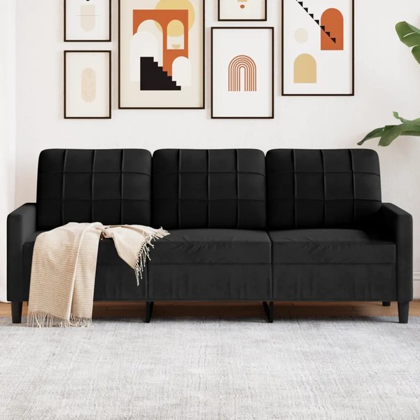 Samt Sofa 3-Sitzer 180 Cm Schwarz Polsterbank Couch-image