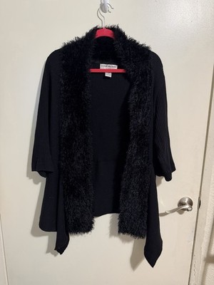 Lauren Michelle Women's Black Open Front Faux Fur Trim Cardigan 3/4 Sleeve XL