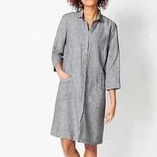 J Jill Love Linen Shirt Dress 2X Gray Pinstripe Button Front Pockets Casual