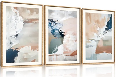 Large Abstract Brush Strokes Framed Canvas Wall Art,Neutral Navy Blue Wall De...