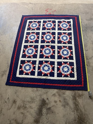 Handmade Patriotic Quilt & Matching Pillow Sham Red White Blue Americana