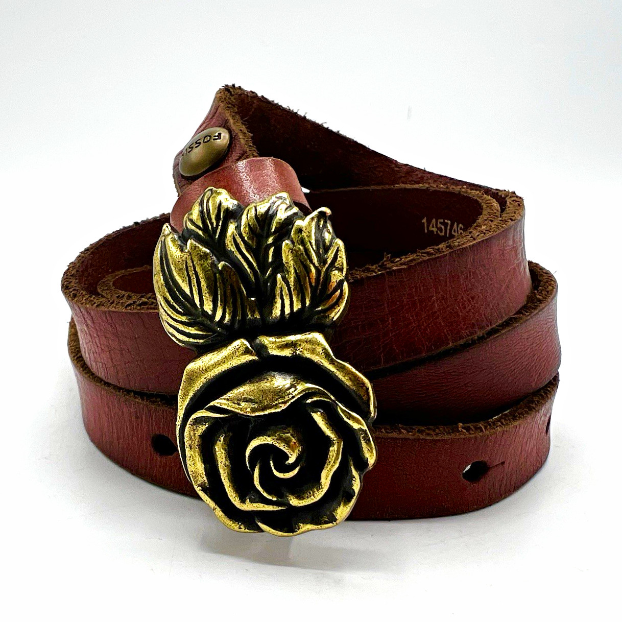 Vintage Fossil Brown Genuine Leather Belt Large Brass Rose Buckle Western Boho