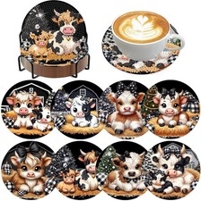 8 PCS Cow Diamond Art Coasters, Diamond Painting Coasters Kits with Holder, High