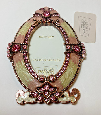 Argento SC Picture Frame/Oval Design/Pink Enamel/Swarovski Crystal Art Deco/NWT