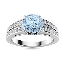 Side Accents 6MM Round Natural Aquamarine 925 Sterling Silver Wedding Ring