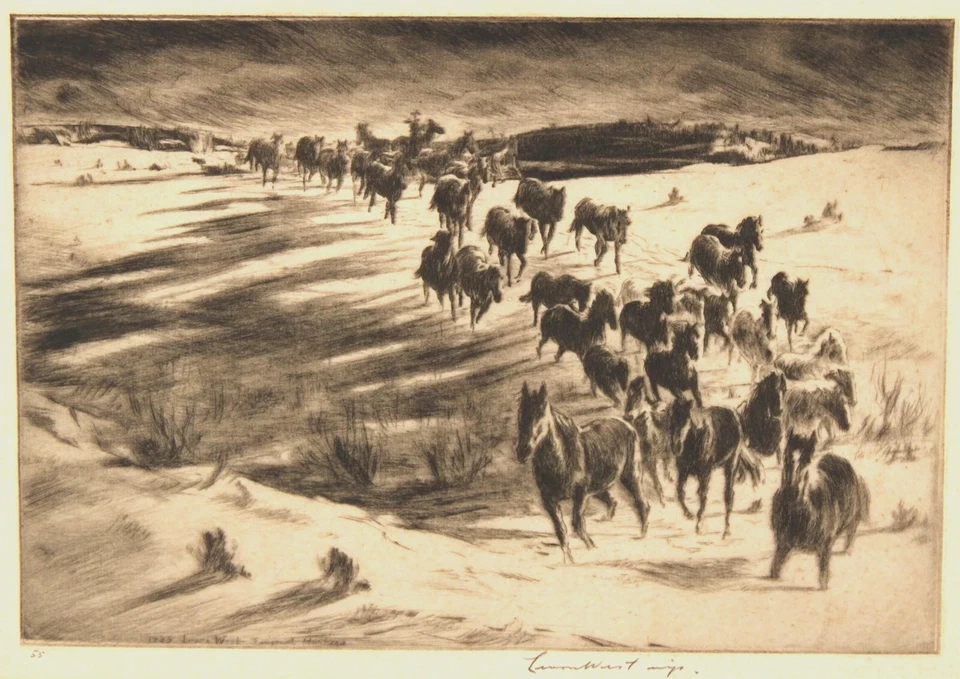 古董蒙塔纳牛仔/野马限量版蚀刻 1935 Levon West "Wrangling" — 第 3/4 张图片