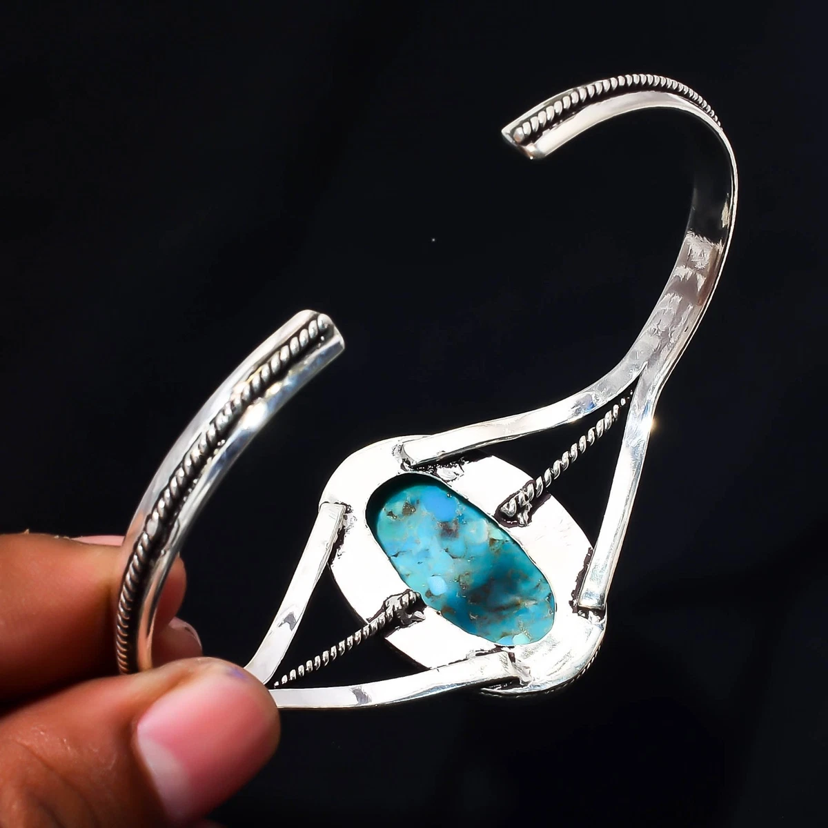 Copper Turquoise Gemstone 925 Sterling Silver Handmade Bangle Jewelry Gift For