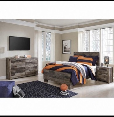 Modern Gray Wood Bedroom Set - Bed, Dresser, Nightstand, Contemporary Style