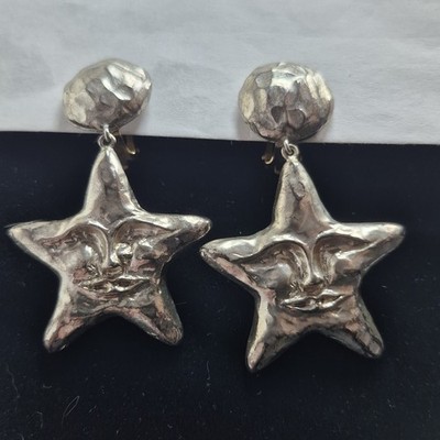 80s Hammered Silver Tone Celestial Star Face Clip On Dangle Earrings Unsigned 