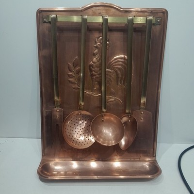 Französischer Vintage Kupfer Messing Utensilienhalter Wandregal komplett FRANZÖSISCHER HAHN