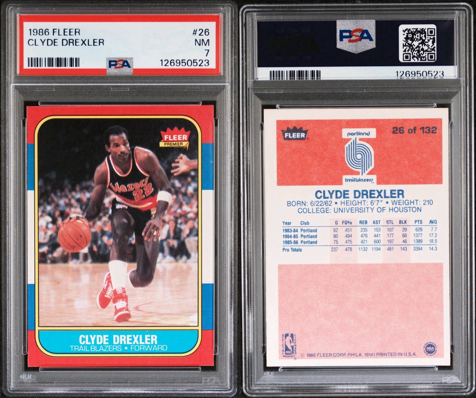 1986-87 Fleer #26 Clyde Drexler Rookie PSA 7 NM HOF - New Cert.