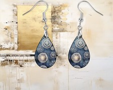 Denim Medallions Wood Dangle Teardrop Print Earrings Jewelry