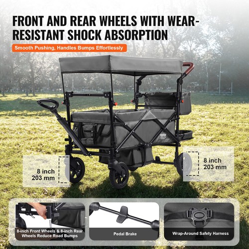VEVOR Wagon Passeggino Push Pull Quad Pieghevole per 2 Bambini Tettuccio Grigio - Foto 4 di 12