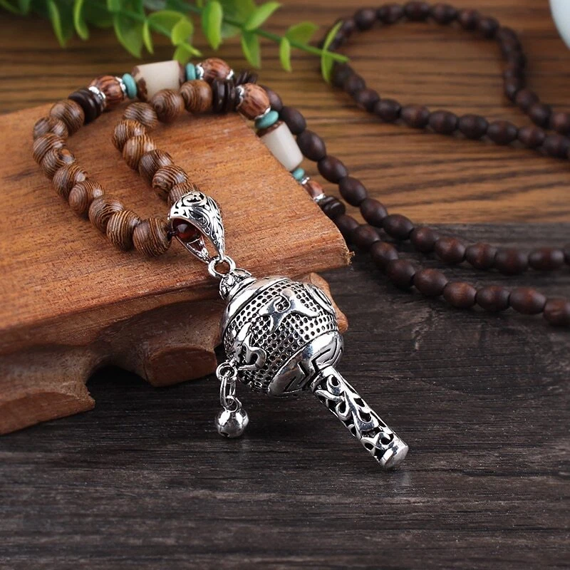 Tibet Prayer Wheel Charms Pendant Necklace Buddhist Mala Wood Beads Necklaces - Image 3 of 3