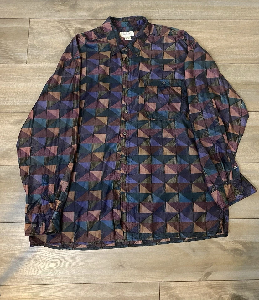 Camisa informal vintage Bogari Studio Top para hombre XL geométrica 100 % seda Foto 4 de 4