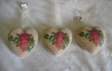 Set of 3 ROSE HEART Ornaments CHRISTMAS Pink Red Sparkles 4 inches NEW Ribbon
