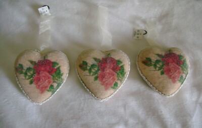 Set of  3 ROSE HEART Ornaments CHRISTMAS Pink Red Sparkles 4 inches NEW Ribbon