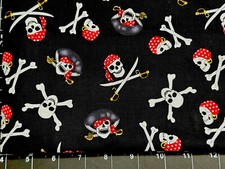 Tina Scrap 9"x21" Mini Skull Heads Bones Black  White Pirate Cotton Fabric