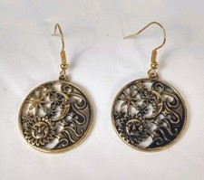 Hook Drop Dangle Pierced Earrings Gold Tone Metal Moon Sun Stars Circle Lunar
