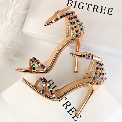 BIGTREE Shoes Color Rivets Women Sandals Roman Style Heeled Sandals Hollow Out H