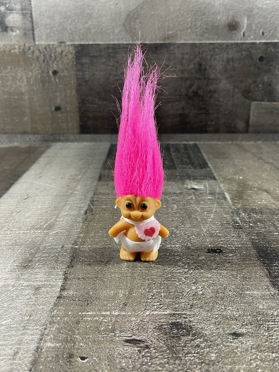 Vintage Russ Baby Troll Doll Neon Pink Hair w/ Diaper & Bib 2