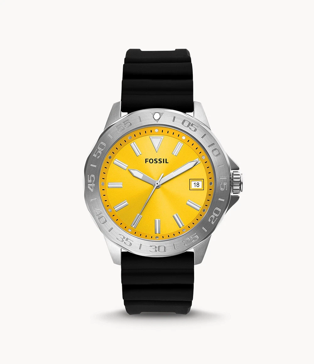 AUTHENTIC FOSSIL BANNON THREE-HAND DATE YELLOW BLACK SILICONE MENS