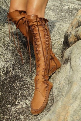 Roma Womens Leather Lace Up Over The Knee High Boots Vintage Moccasins shoes 