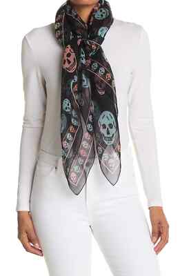 NWT Alexander McQueen $400 Silk Skull Printed Scarf, Black