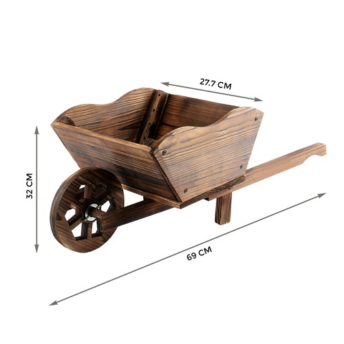 GARDEN MODERN WOODEN WHEEL BARROW PLANTER BURNT WOOD FLOWER CART ORNAMENTAL POT - Picture 3 of 9