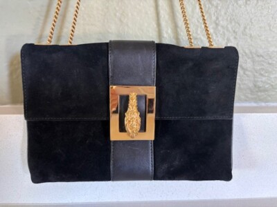 Vintage GUCCI Shoulder Bag Tiger Head Chain Suede Black