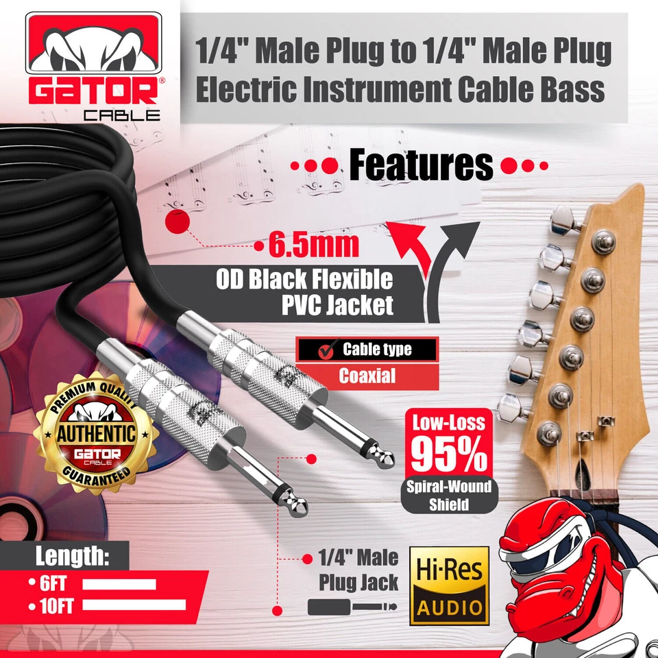 1/4” Male to 1/4” Male Cable Mono Cord Wire Plug Guitar Bass Instrument Keyboard - Image 2 of 4