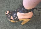SHANGHAI TANG Leather Nail-Head Wood Clog Mules 4.5" Heels Tie Slingback 39 / 9 — photo 5