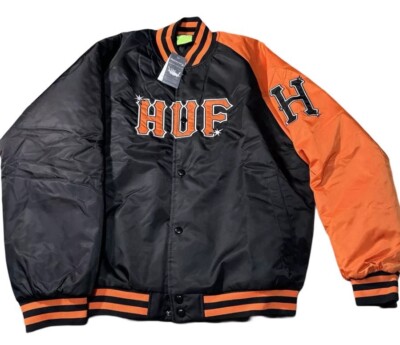 HUF Varsity Bomber Baseball Jacket Men's LARGE Black Orange Big Logo SF Giants