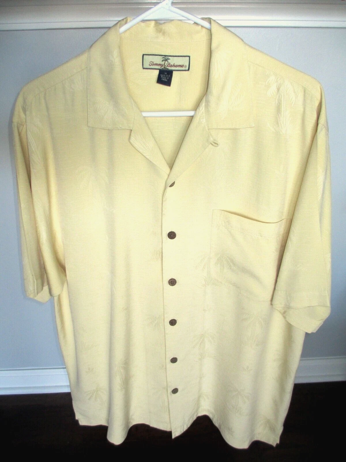 Tommy Bahama Hawaiian Shirt 100% Silk Men's Medium Palm Trees Yellow