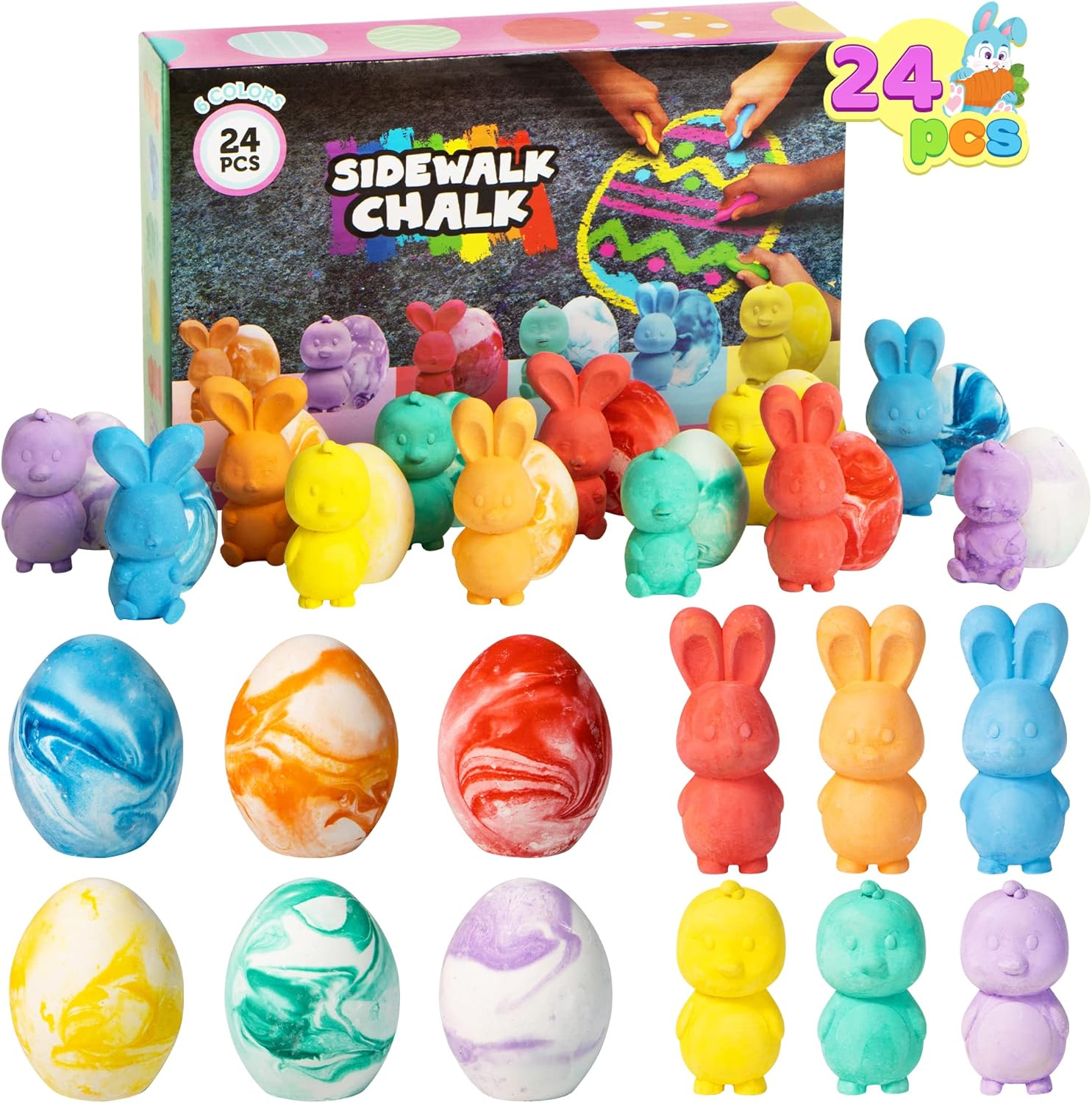 JOYIN 24 Pcs Easter Sidewalk Chalk Set, Easter Eggs Bunny Chicken Gifts for Boys